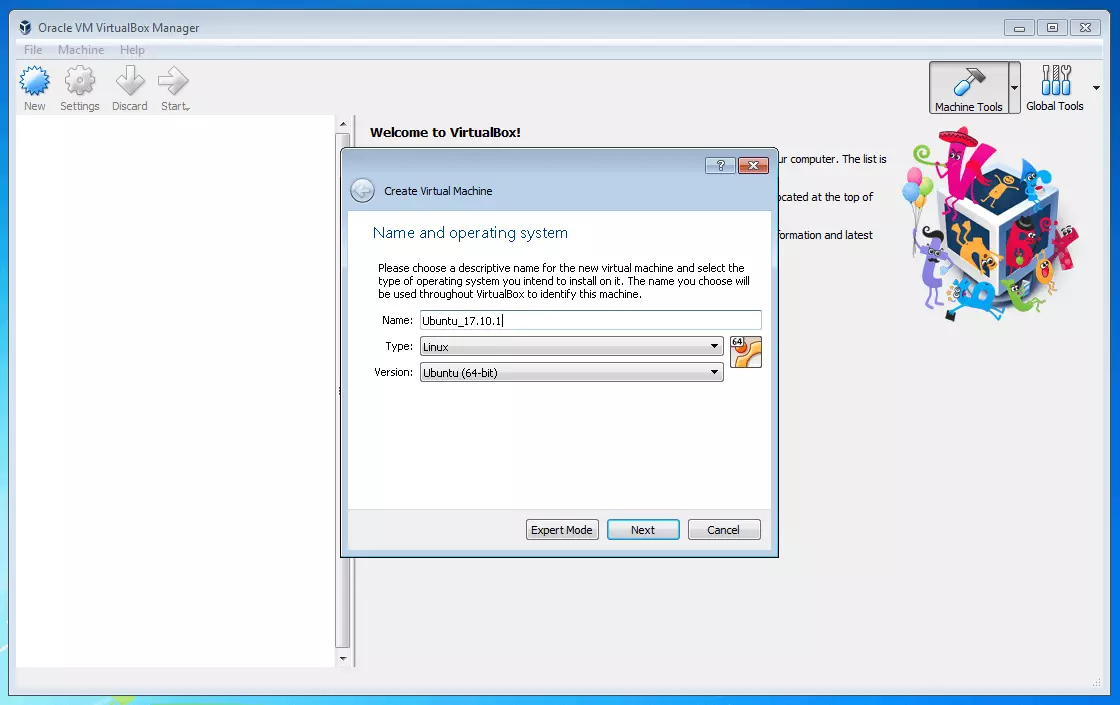 Oracle VM VirtualBox Manager: Auswahl des Betriebssystems