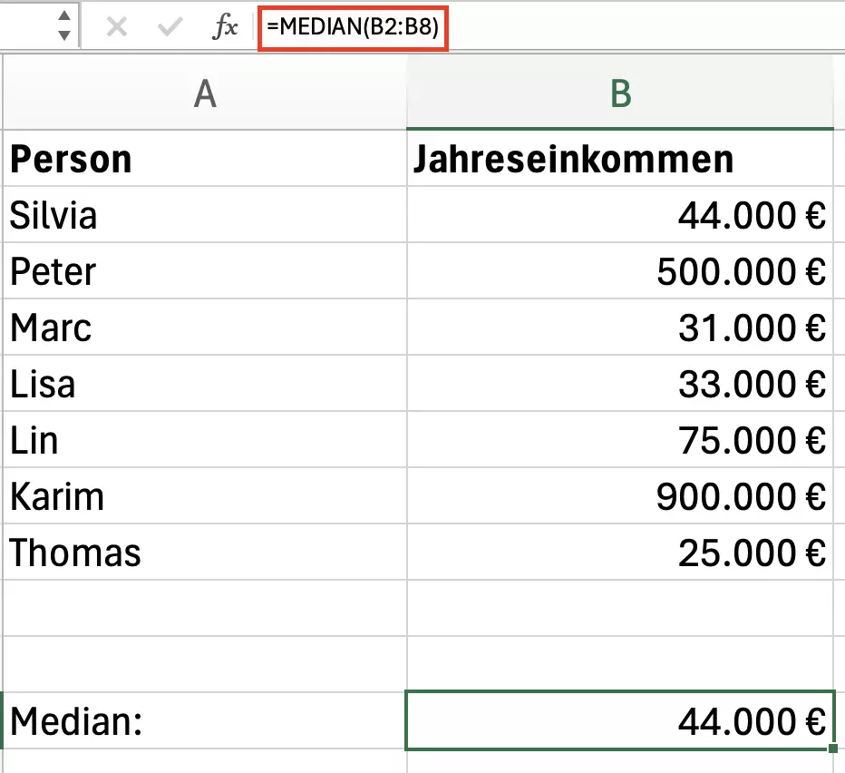 Excel: Median berechnen bei ungerader Anzahl an Werten