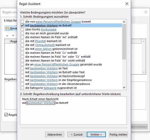 Outlook-Regel-Assistent: Auswahl der Bedingung