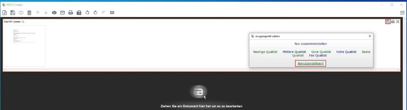 PDF24-Creator-Menü „Ausgabeprofil wählen“