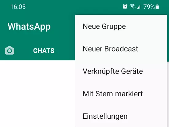 Screenshot des Startmenüs bei WhatsApp