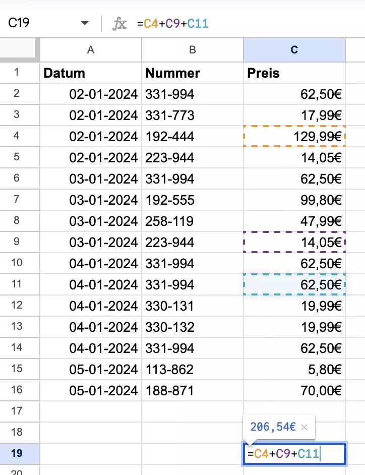 Screenshot der Formel für Addition in Google Sheets