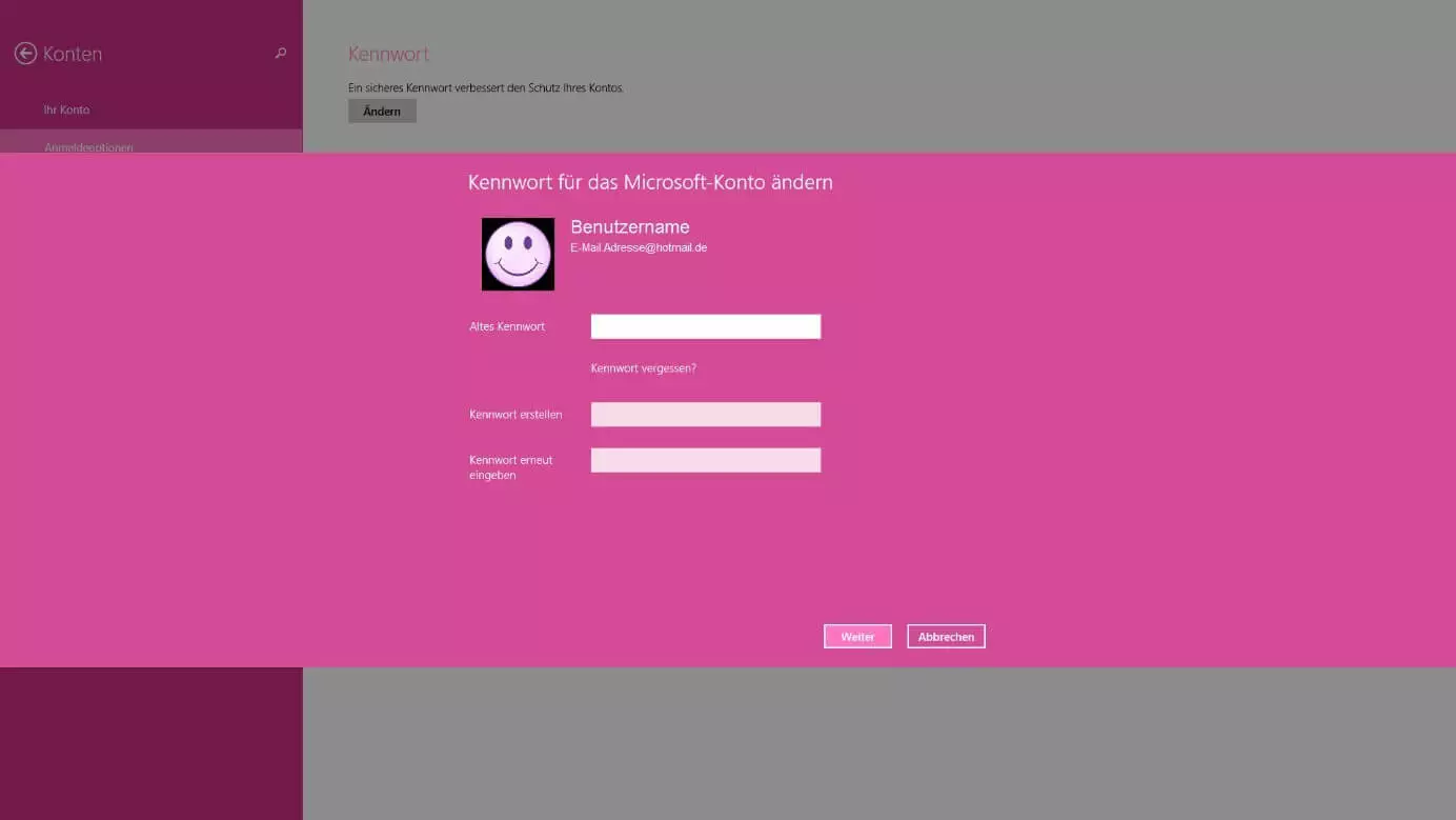 Menü in Windows 8, in dem sich das Kennwort ändern lässt