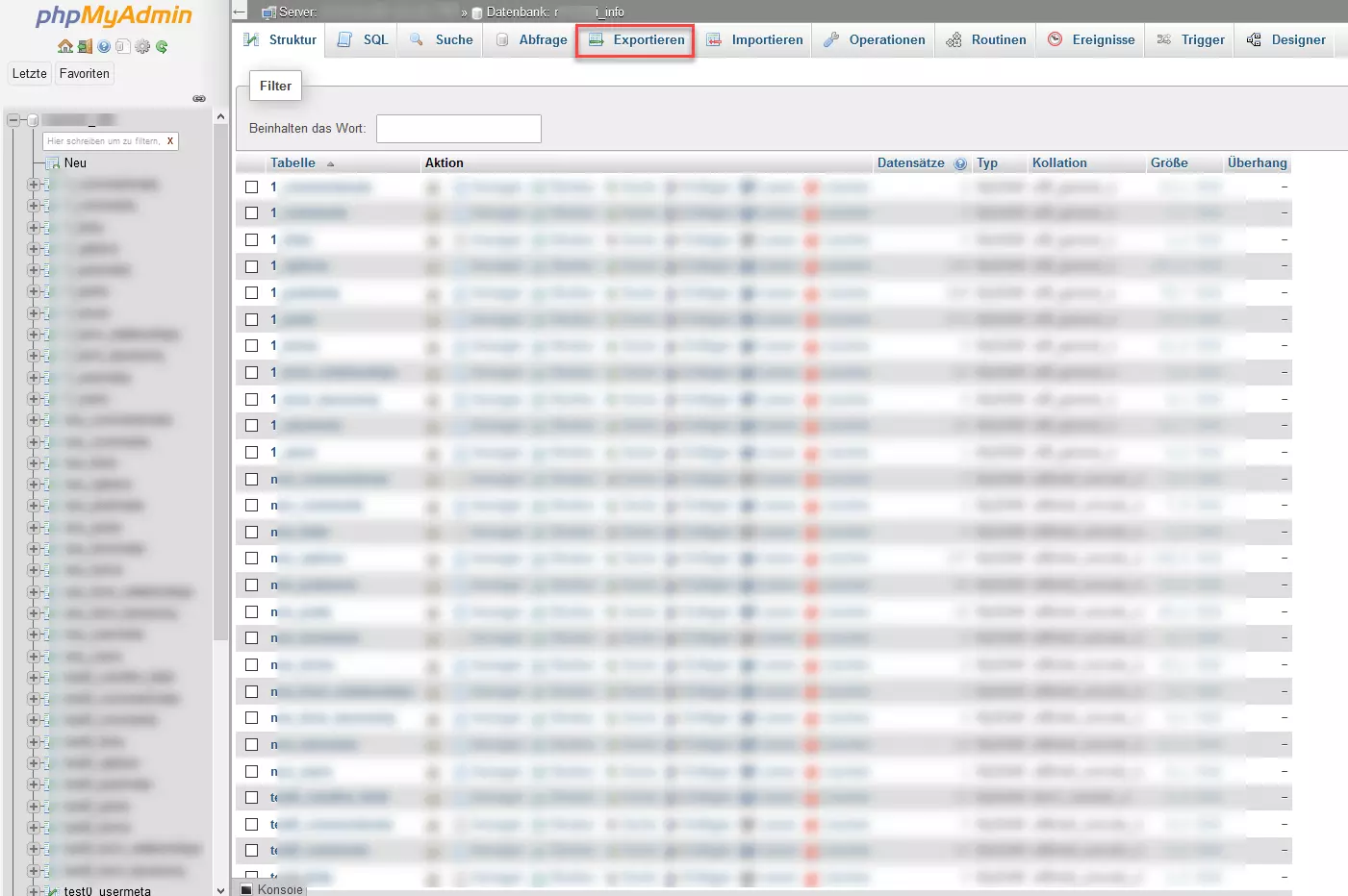 phpMyAdmin – ausgewählte Datenbank im Detail als Tabelle