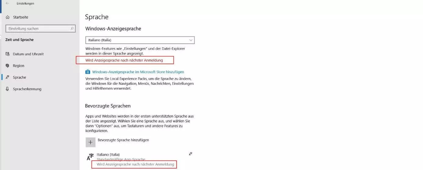 Windows-10-Menü „Sprache“: Hinweis auf erforderliche Neuanmeldung
