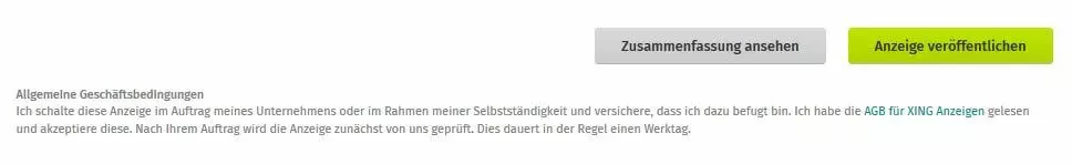 Bild zeigt die beiden Buttons „Zusammenfassung ansehen“ und „Anzeige veröffentlichen“