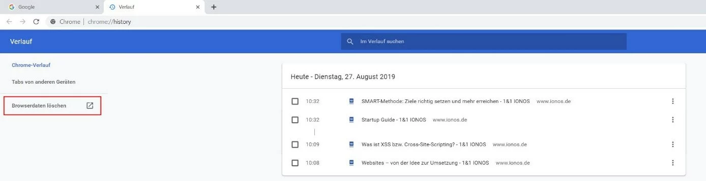 Google Chrome: Menü „Verlauf“