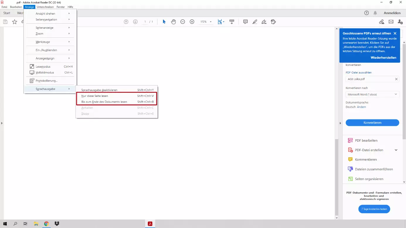 Adobe Acrobat Reader: Zusätzliche Optionen „Nur diese Seite lesen“ und „Bis zum Ende des Dokuments lesen“
