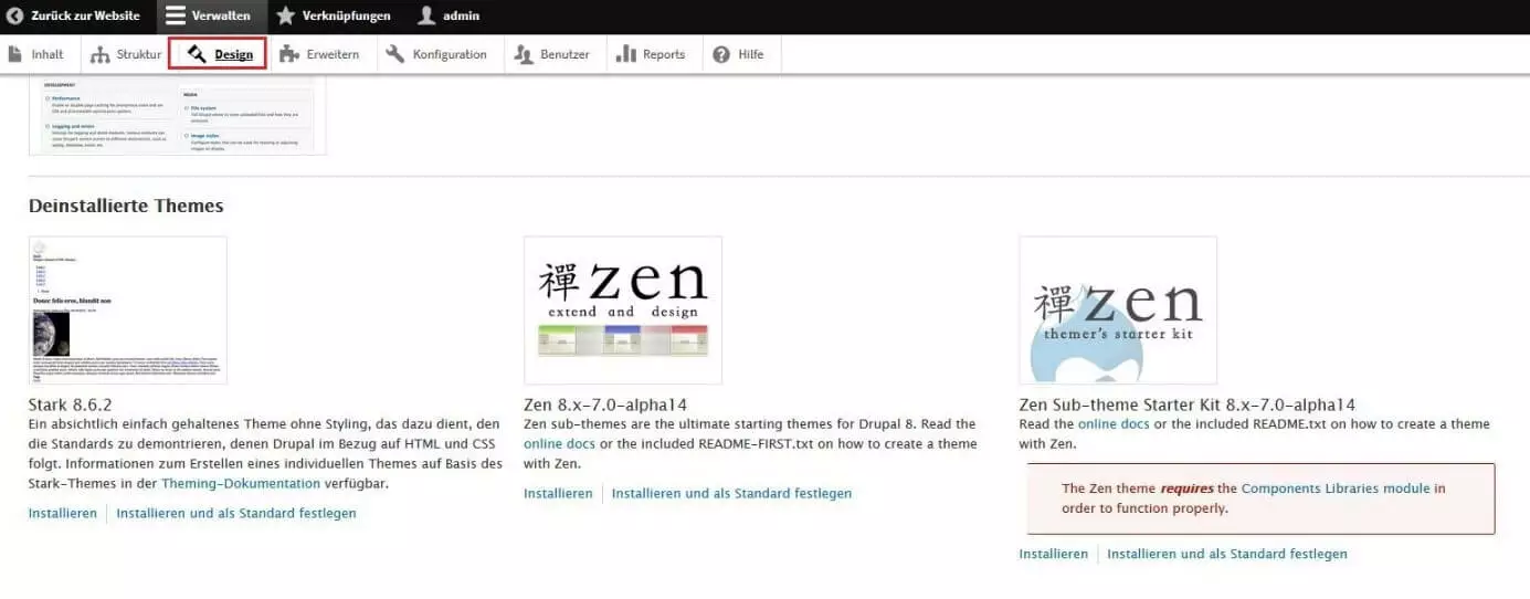 Menü „Design“ in Drupal