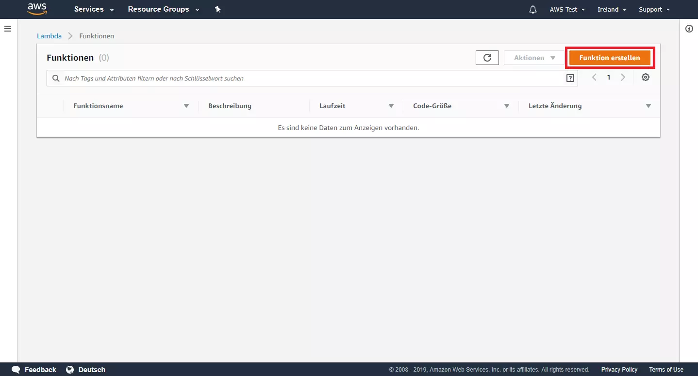 AWS-Management-Konsole: Überblick über bereits erstellte Lambda-Funktionen (noch leer)
