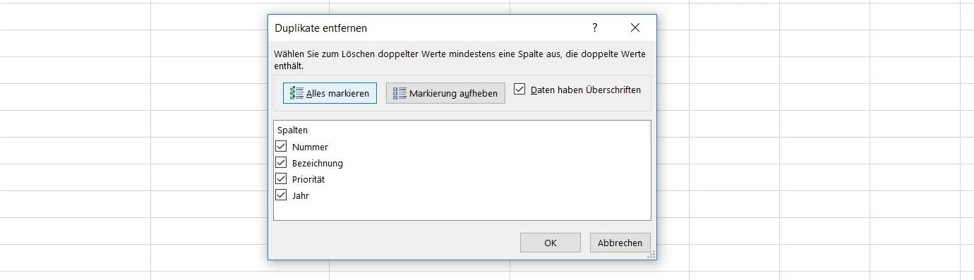 Excel: Duplikate-entfernen-Dialog