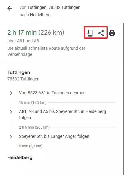 Screenshot der Teilen-Funktion von Google Maps