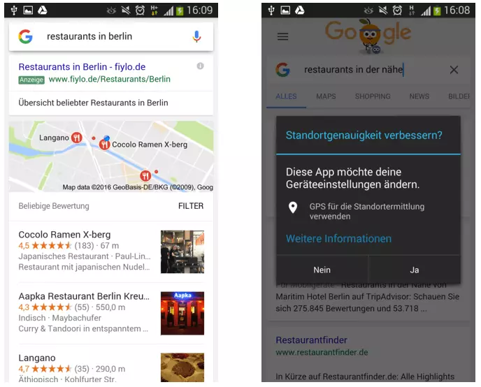 Lokale Suche und Standorterkennung in der mobilen Suche