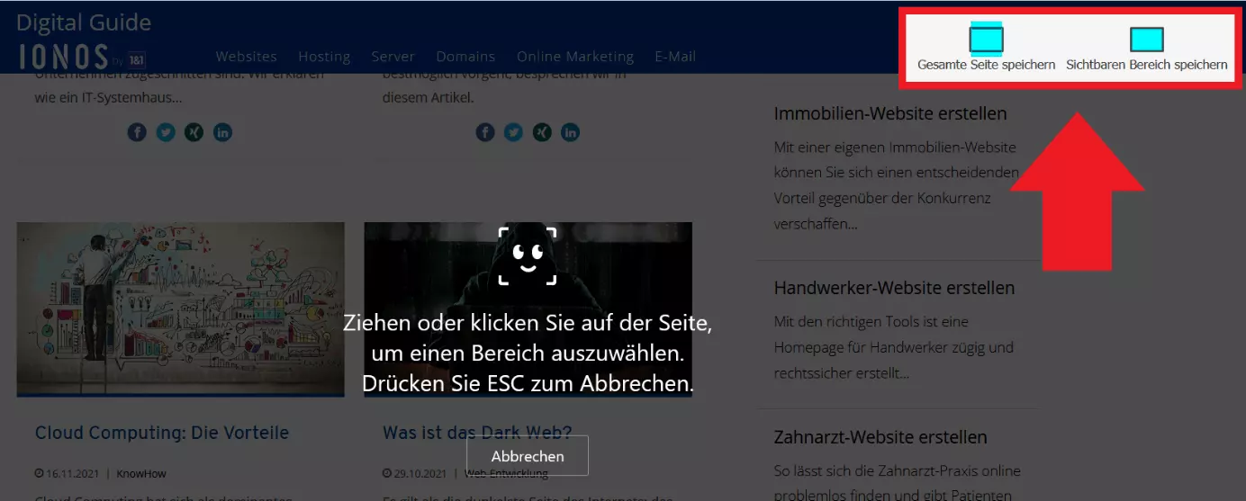 Screenshot in Firefox: Auswahl des zu speichernden Bereichs