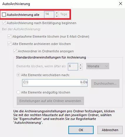 Microsoft Outlook: Dialogfenster „AutoArchivierung“