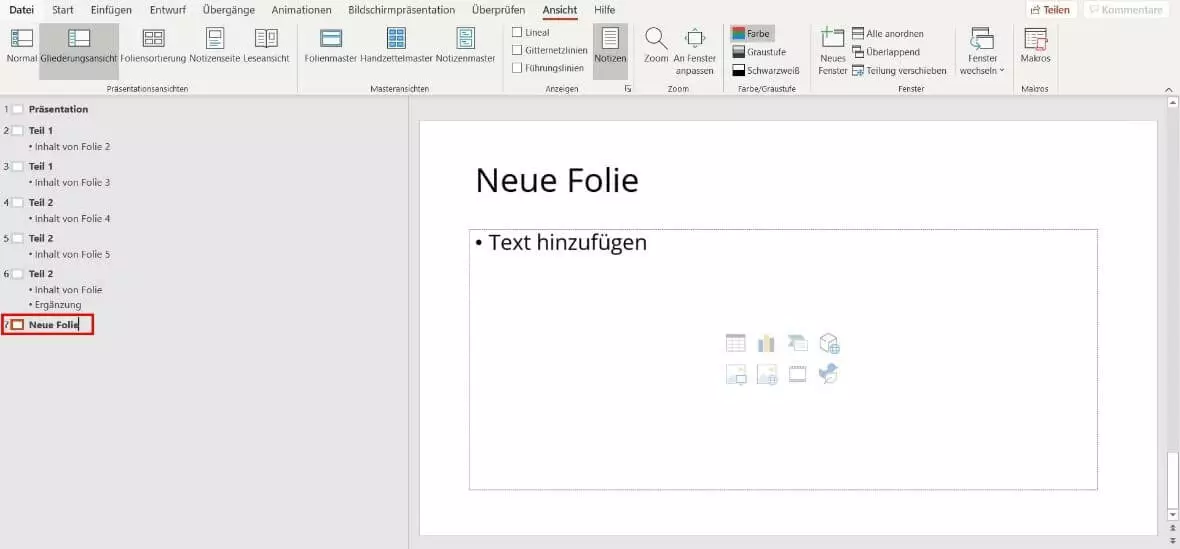 Gliederungsansicht in PowerPoint: Neue Folie einfügen