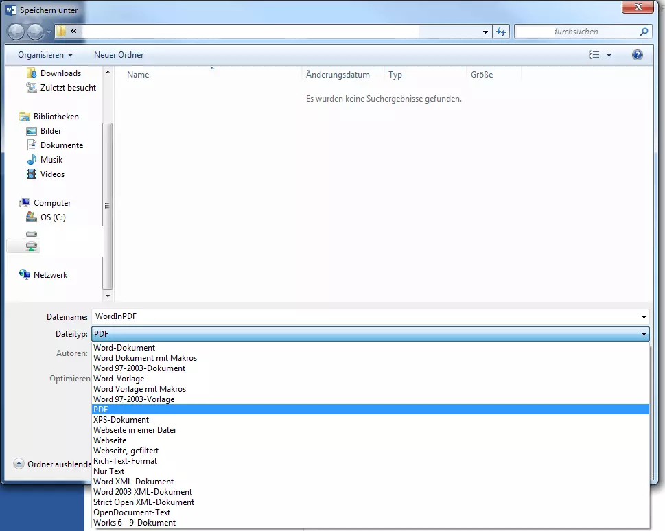 „Speichern unter“-Fenster in Word