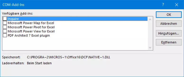 Fenster, über das man COM-Add-Ins in Excel deaktiviert 