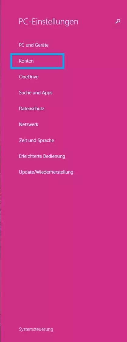 Menü „PC-Einstellungen“ in Windows 8