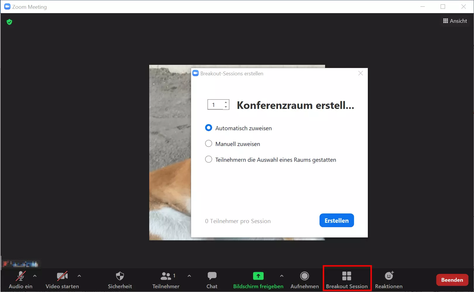 Auswahl der Menge an Breaktout-Rooms in der Zoom-Desktop-App