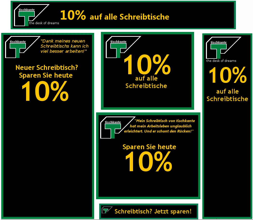 Werbeanzeigen verschiedener Größe, die 10 % Preisnachlass versprechen