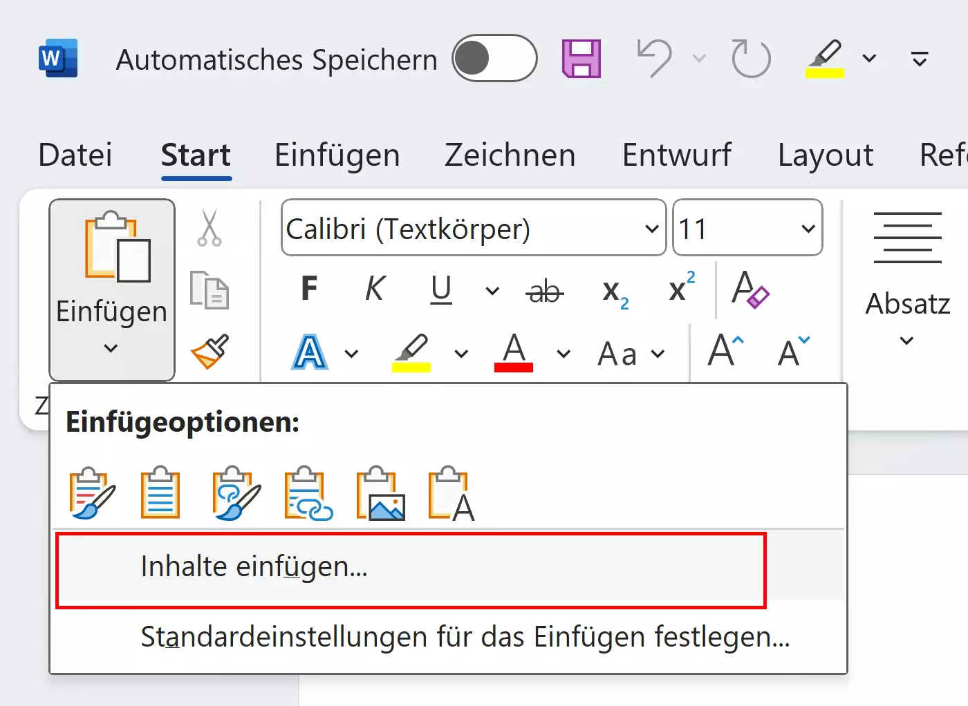 Inhalte einfügen in Word