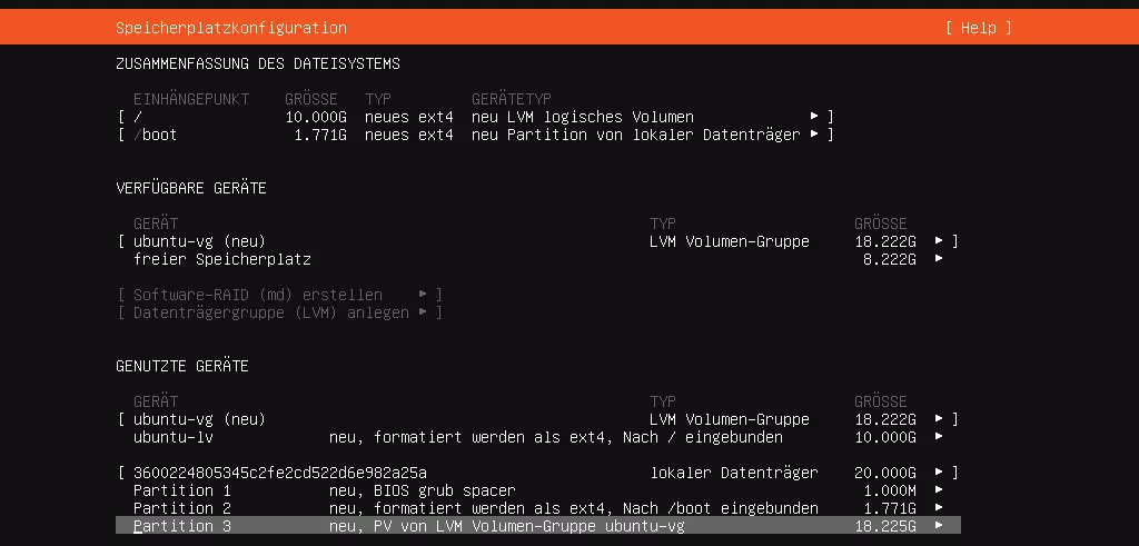 Speicherplatzkonfiguration im Rahmen der Ubuntu-Server-Einrichtung