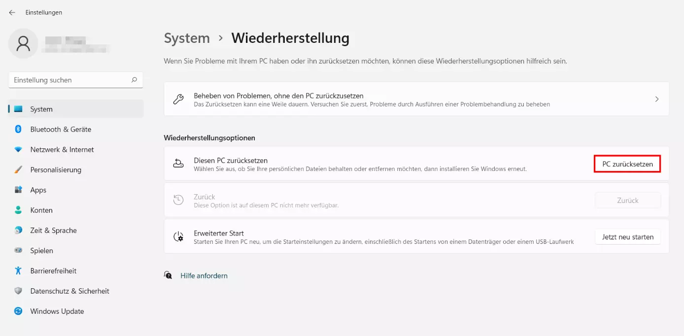 Windows-11-Systemeinstellungen mit Menü „Wiederherstellung“