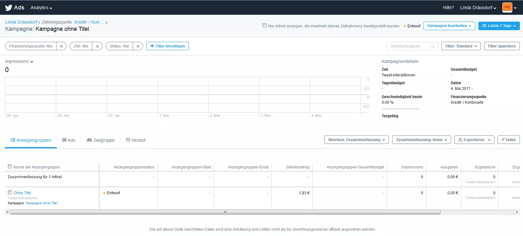 Screenshot der Kampagnenübersicht bei Twitter Ads