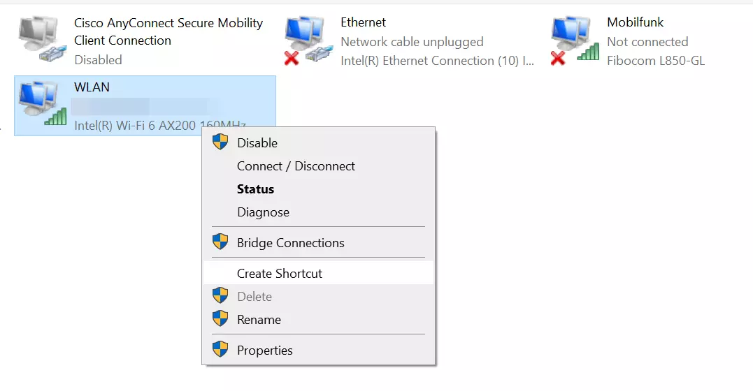 Eingerichtete Netzwerkverbindung in Windows 10