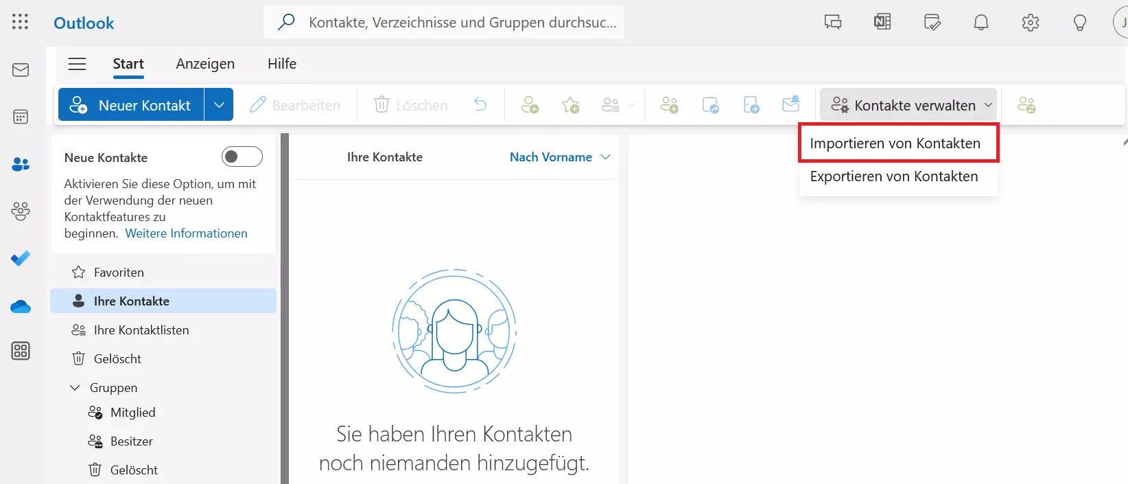 Outlook im Web: Übersicht empfohlener Personen