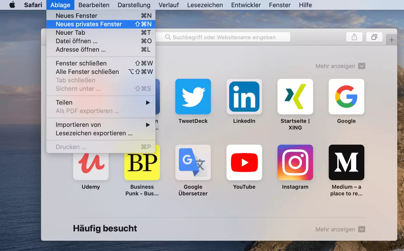 Privates Surfen in Safari auf dem Mac über die Menüleiste aufrufen