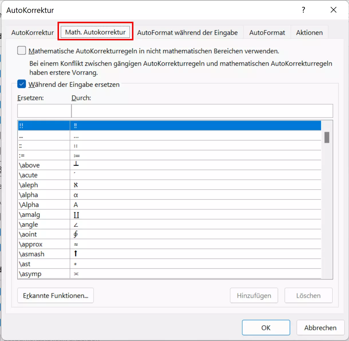 Outlook-Menü „Mathematische AutoKorrektur“