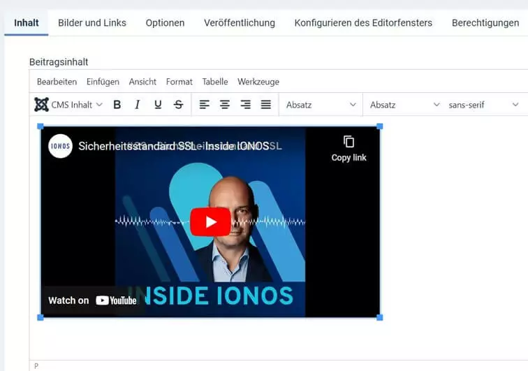 Joomla: Eingebundenes YouTube-Video im TinyMCE-Editor