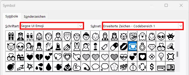 Outlook: Verfügbare Symbole für den Font „Segoe UI Emoji“