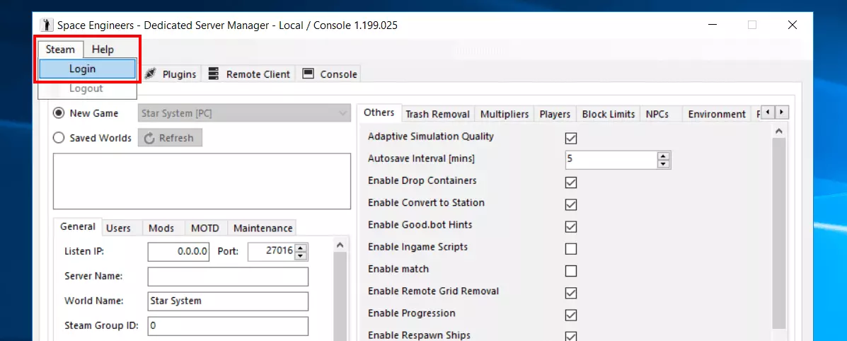 Space Engineers – Dedicated Server Manager: Steam-Login
