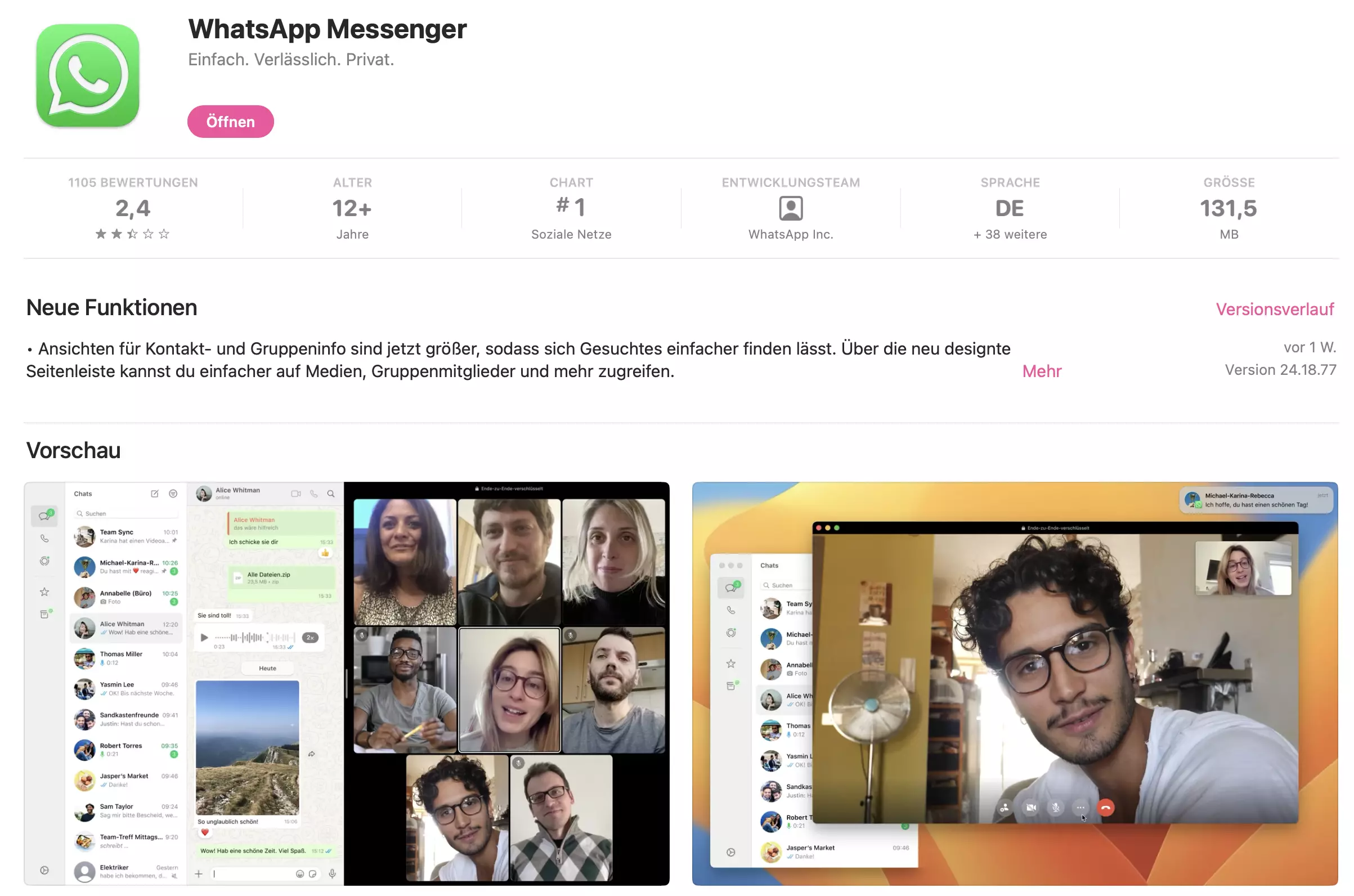 Screenshot der Downloadseite von WhatsApp im App Store auf dem Mac
