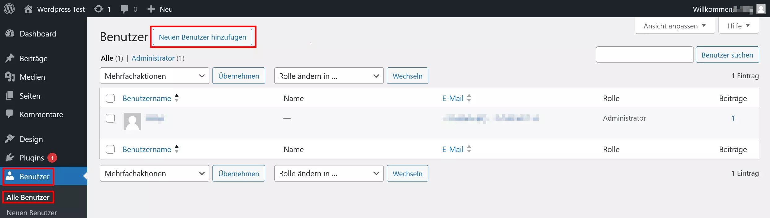 Benutzerübersicht im Dashboard von WordPress