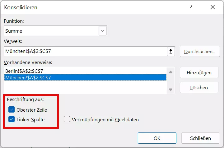 Tabelleninhalte zu den vorhandenen Verweisen hinzufügen