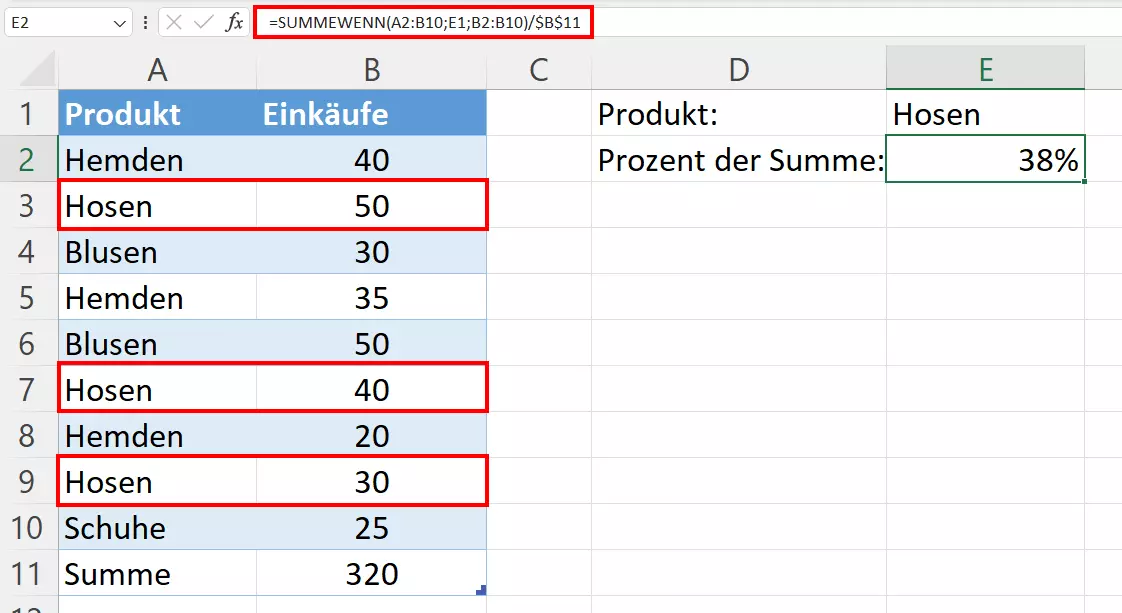 Excel-Prozentrechnung mit SUMMEWENN