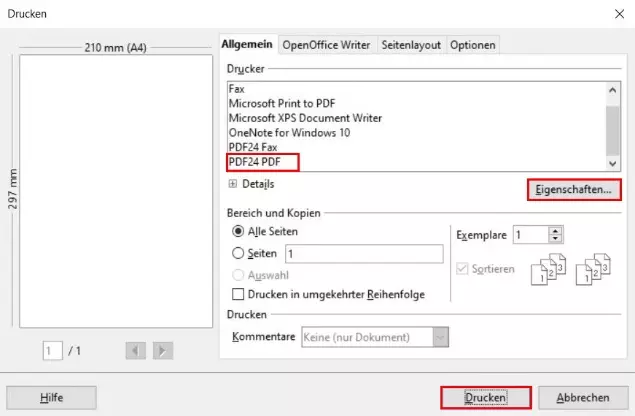OpenOffice Writer: PDF-Drucker