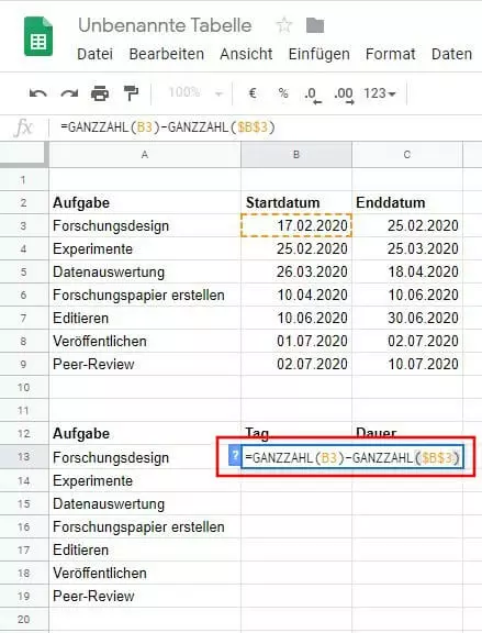 Eingefügte Formel in Google Sheets