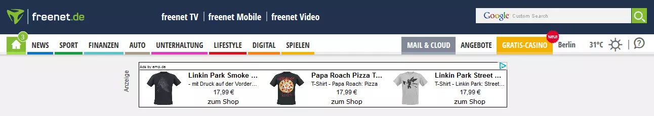 Bild zeigt einen Werbebanner des Onlineshops EMP auf der Startseite von freenet.de