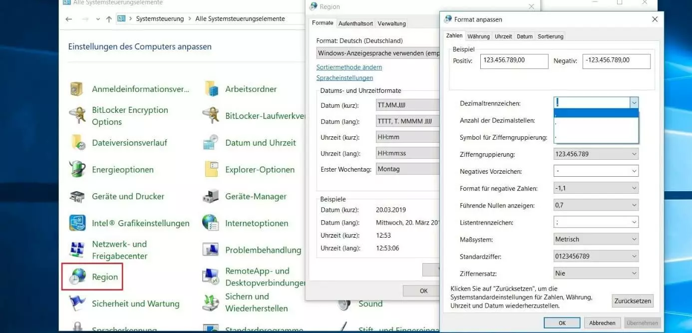 Windows-Systemsteuerung: Formatanpassungen im „Region“-Menü