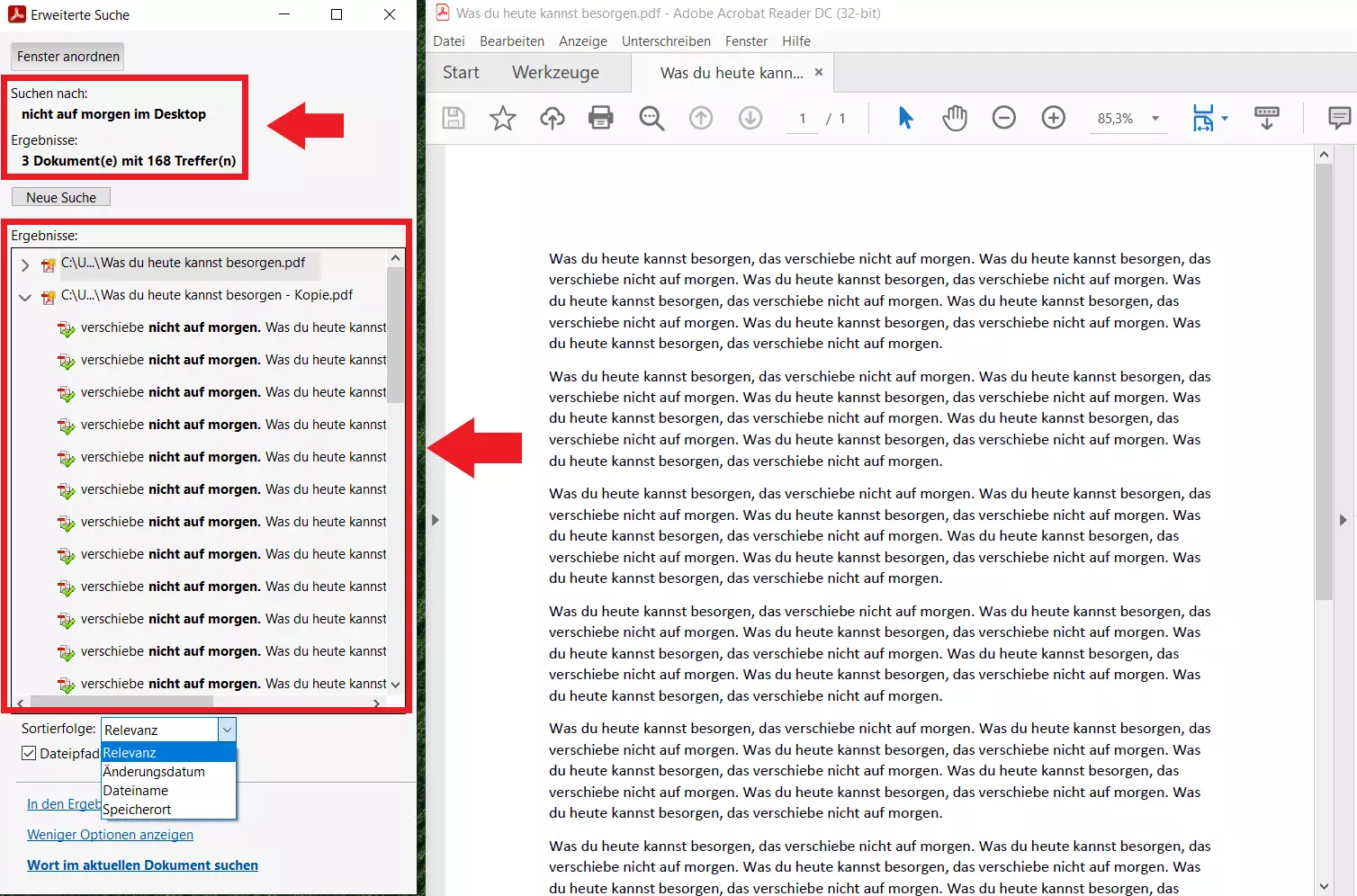 Erweiterte Suche in PDFs: Suchergebnisse anzeigen lassen über das Pfeil-Symbol