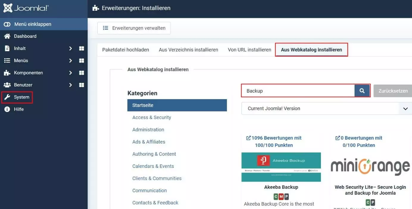 Joomla: Erweiterungen aus Webkatalog installieren