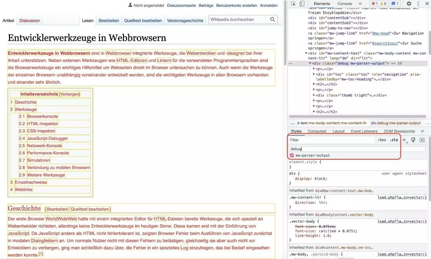 Effekt der Debug-Style-Regel auf das Body-Element