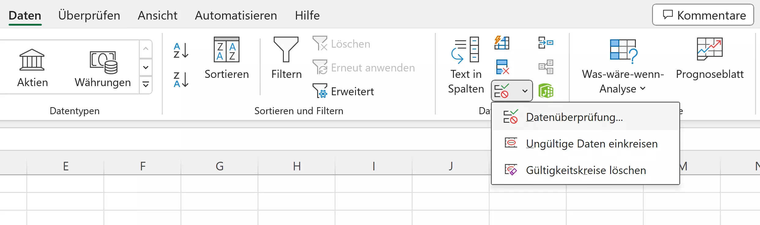 Fenster zur Datenüberprüfung in Excel