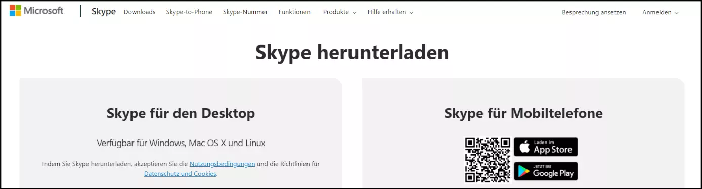 Microsofts Download-Seite für den Skype-Video-Chat