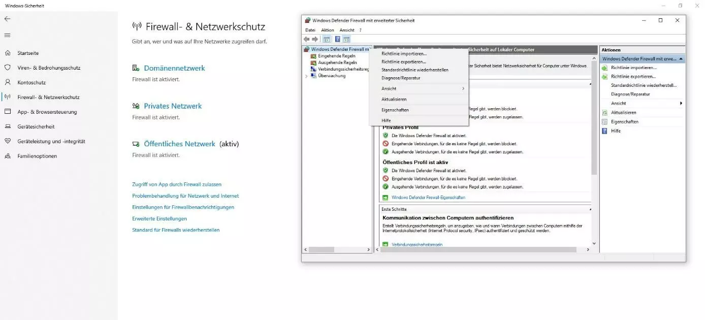 Firewall-Eigenschaften in Windows